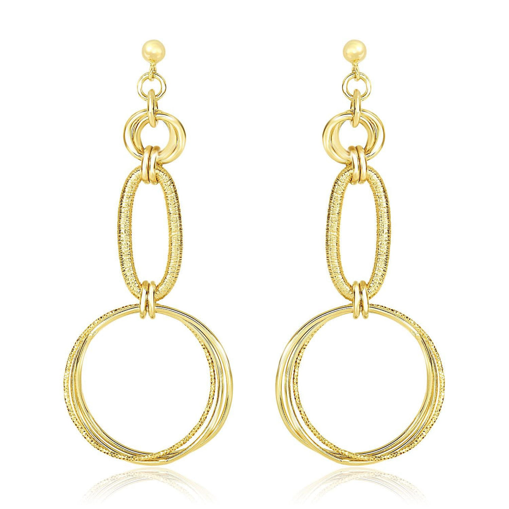 14K Yellow Gold Smooth and Textured Interlinked Oval & Circle Dangling Earrings