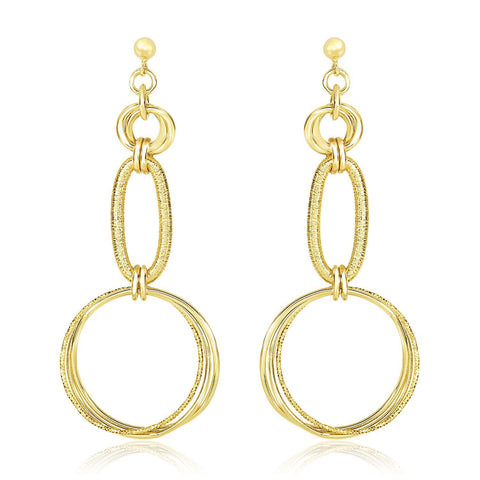 14K Yellow Gold Smooth and Textured Interlinked Oval & Circle Dangling Earrings