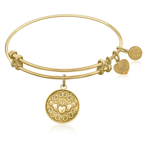 Expandable Bangle in Yellow Tone Brass with Claddagh Love And Friendship Symbol