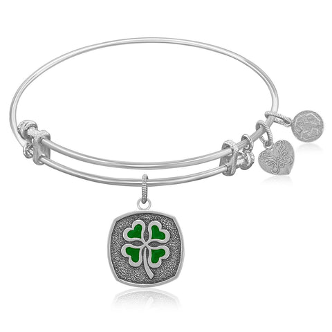 Expandable Bangle in White Tone Brass with Four Leaf Clover Luck Symbol