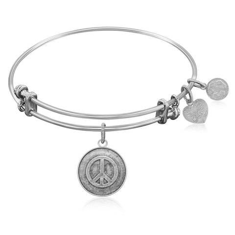 Expandable Bangle in White Tone Brass with Peace Universal Tranquility Symbol