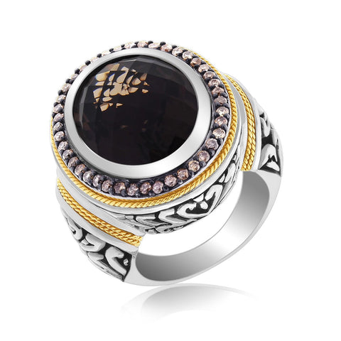 18K Yellow Gold and Sterling Silver Ring with Smokey Quartz and Coffee Diamonds