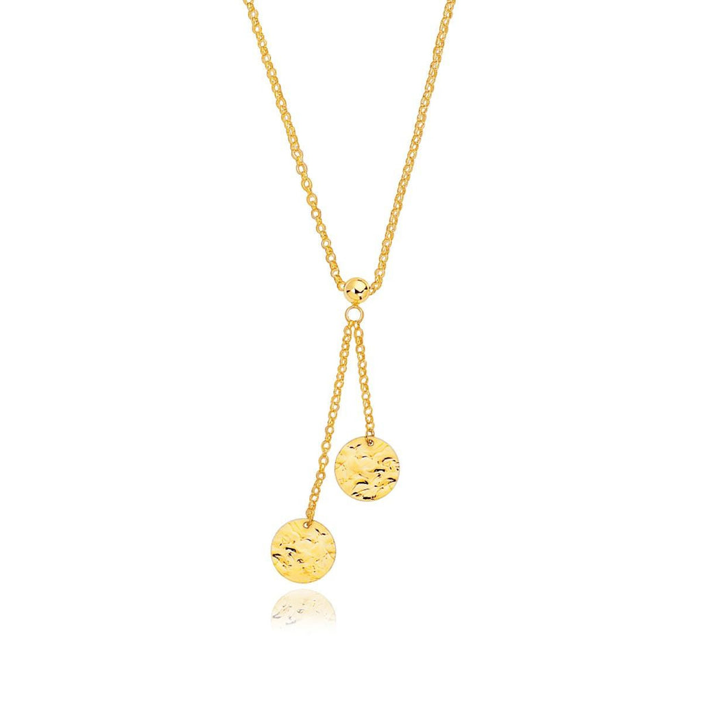 14K Yellow Gold Hammered Disc Lariat 17" Necklace