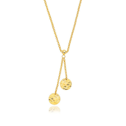 14K Yellow Gold Hammered Disc Lariat 17" Necklace