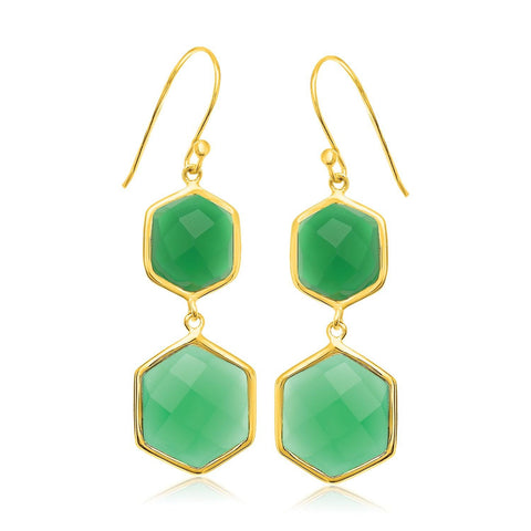 Sterling Silver Yellow Gold Plated Hexagon Green Onyx Dangling Earrings