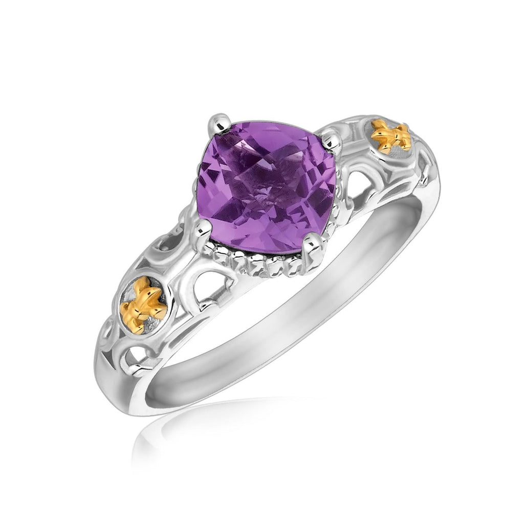 18K Yellow Gold and Sterling Silver Ring with Amethyst and Fleur De Lis Motifs