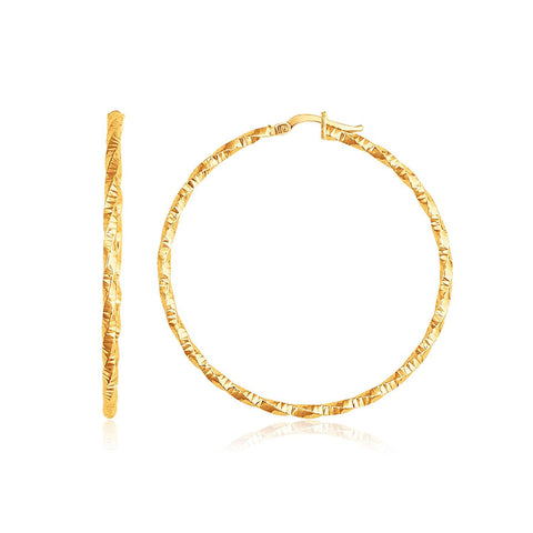 14K Yellow Gold Patterned Hoop Earrings with Twist Design