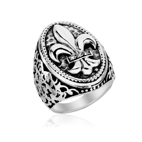 Sterling Silver Oval Fleur De Lis Ring with Diamonds