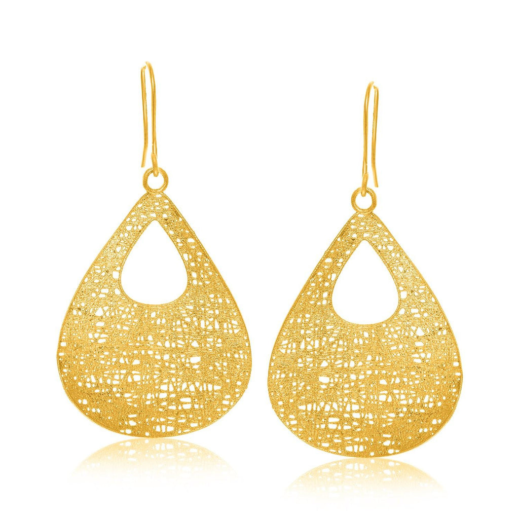 14K Yellow Gold Lace Style Open Teardrop Dangling Earrings