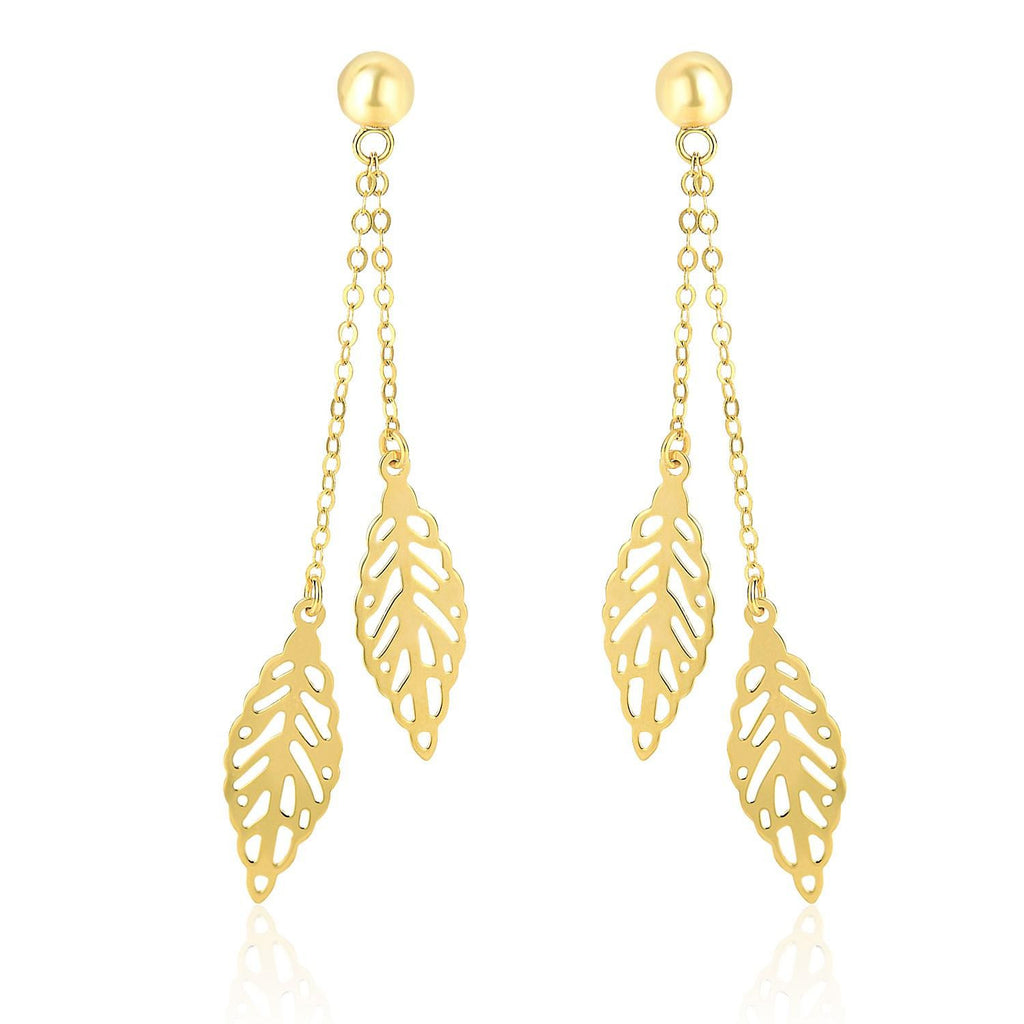 14K Yellow Gold Filigree Leaf Double Strand Dangling Earrings