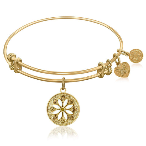 Expandable Bangle in Yellow Tone Brass with Enamel Flower Symbol