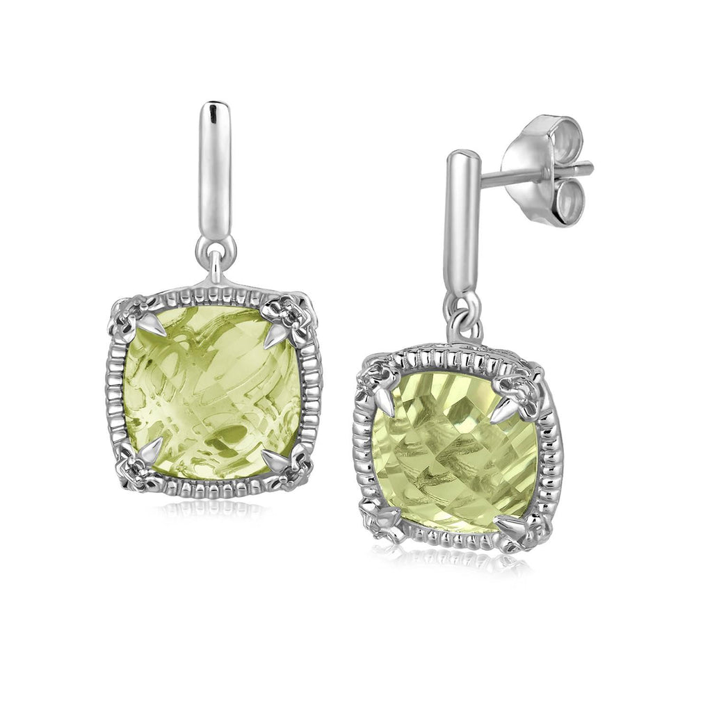 Sterling Silver Green Amethyst and White Sapphires Fleur De Lis Drop Earrings