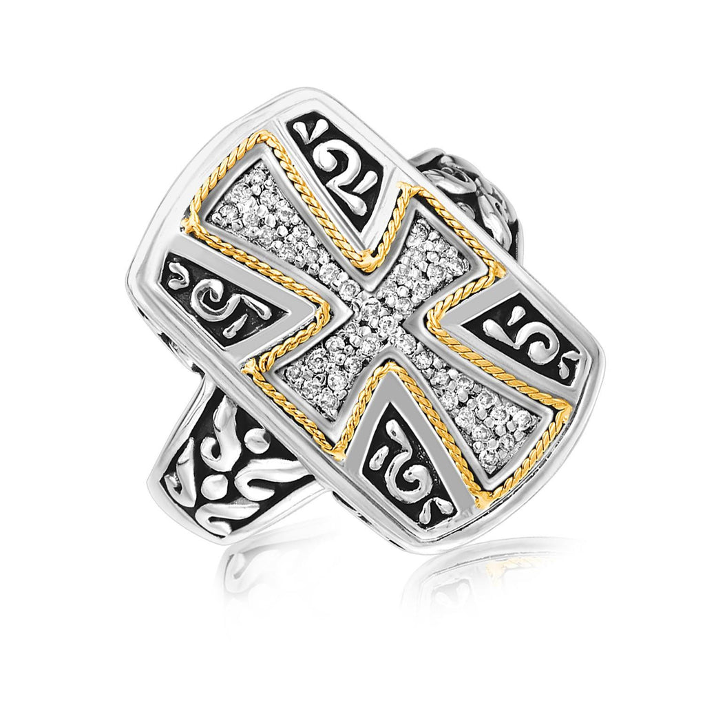 18K Yellow Gold and Sterling Silver Rectangular Cross Style Ring with Diamonds