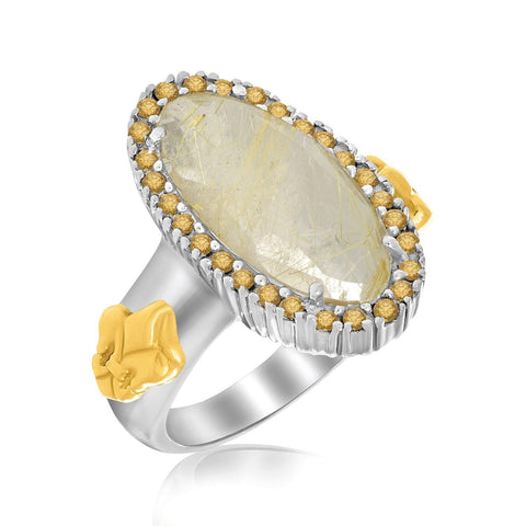 18K Yellow Gold & Sterling Silver Golden Rutilated Quartz Fleur De Lis Ring