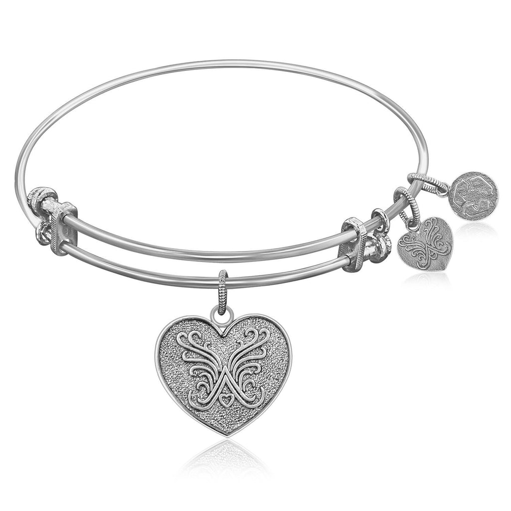 Expandable Bangle in White Tone Brass with Heart Symbol