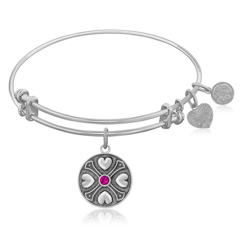 Expandable Bangle in White Tone Brass with Ruby July Symbol