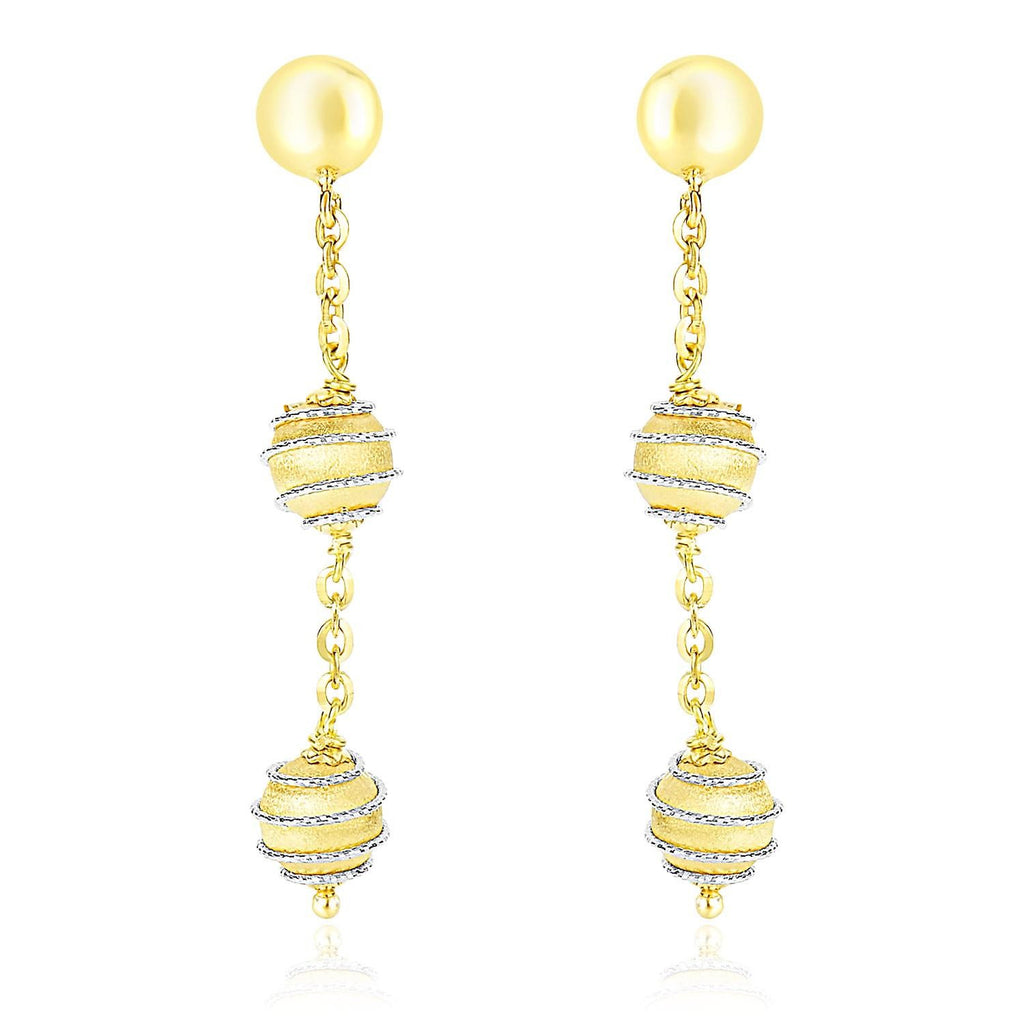 14K Two-Tone Gold Coil Wrapped Ball and Chain Dangling Earrings