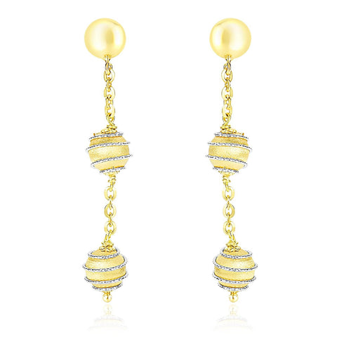 14K Two-Tone Gold Coil Wrapped Ball and Chain Dangling Earrings