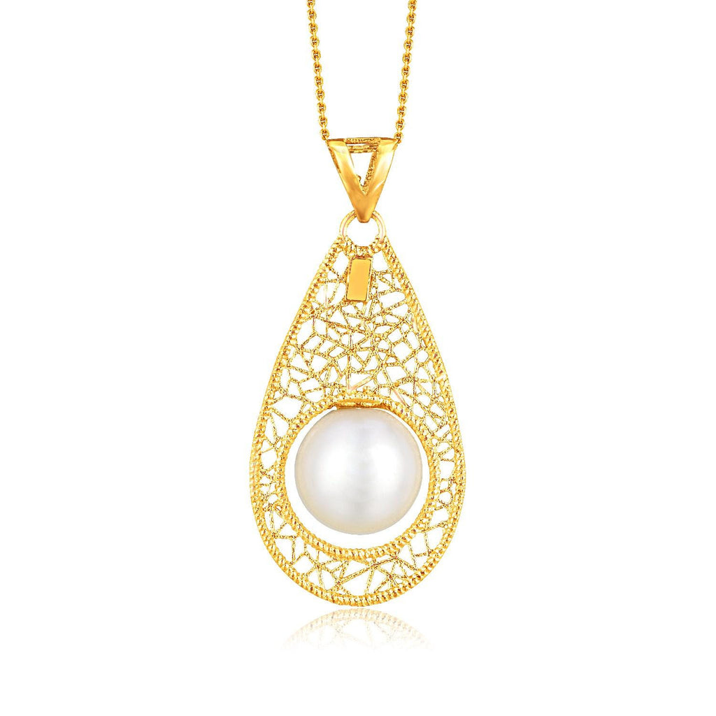 14K  Yellow Gold Mesh Teardrop Motif Pearl Accented Pendant