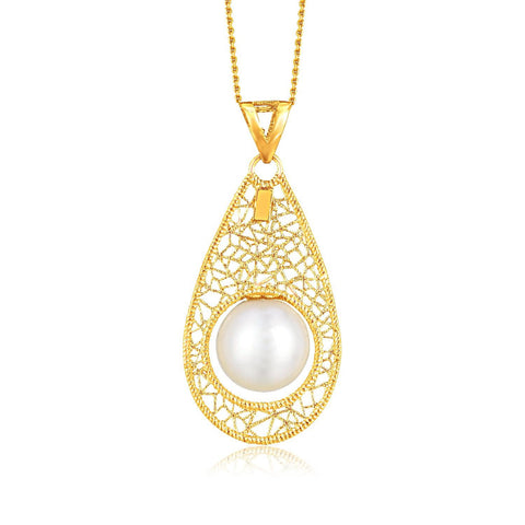 14K  Yellow Gold Mesh Teardrop Motif Pearl Accented Pendant