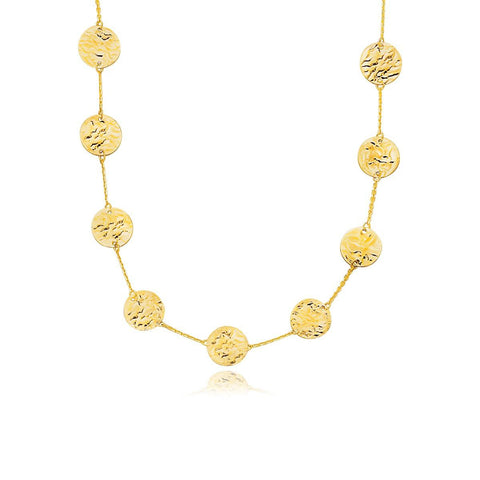 14K Yellow Gold Textured Disc Long Layering Necklace