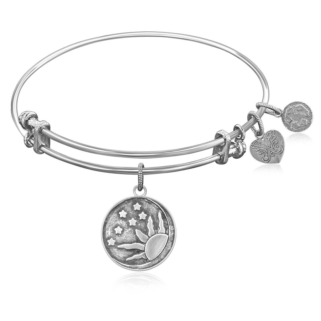 Expandable Bangle in White Tone Brass with Sun, Moon And Stars Symbol