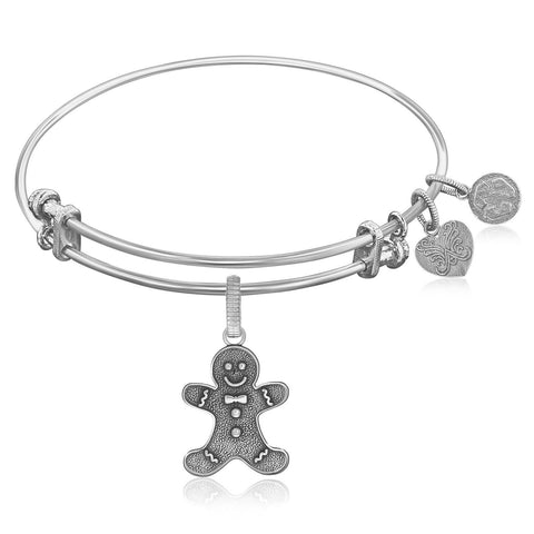 Expandable Bangle in White Tone Brass with Gingerbread Man Symbol