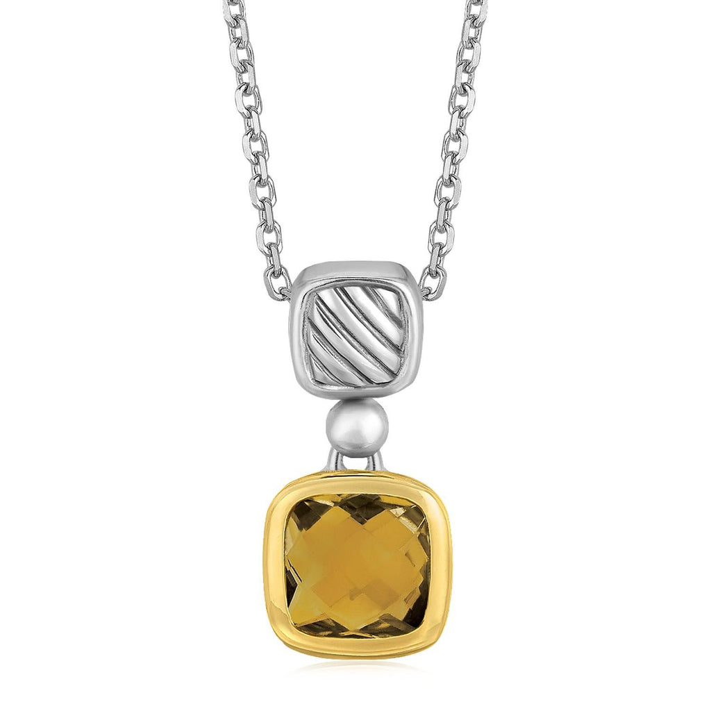 18K Yellow Gold and Sterling Silver Necklace with Cushion Cut Citrine Pendant