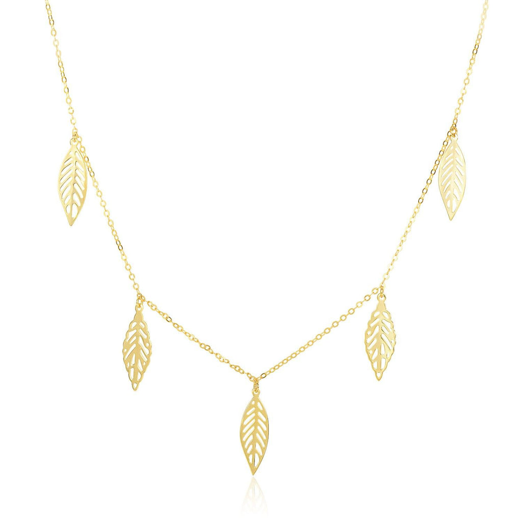 14K Yellow Gold Filigree Leaf Embellished Chain Necklace