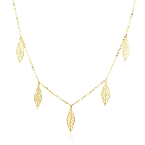 14K Yellow Gold Filigree Leaf Embellished Chain Necklace