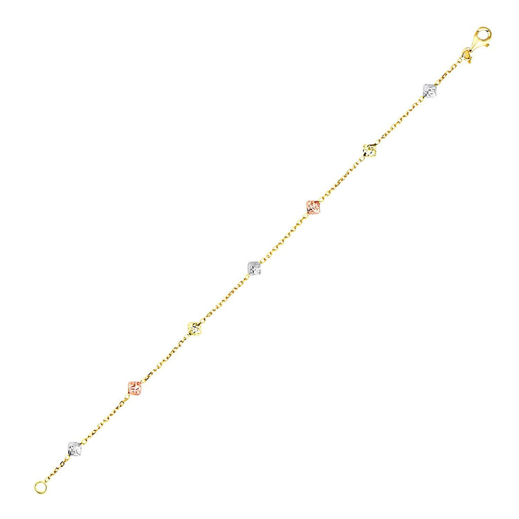 14K Tri-Color Gold Bracelet with Diamond Shape Faceted Style Stations