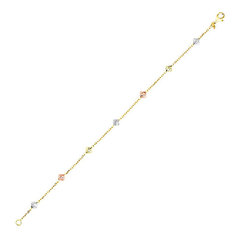 14K Tri-Color Gold Bracelet with Diamond Shape Faceted Style Stations