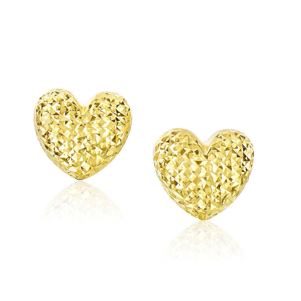 14K Yellow Gold Puffed Heart Earrings with Diamond Cuts