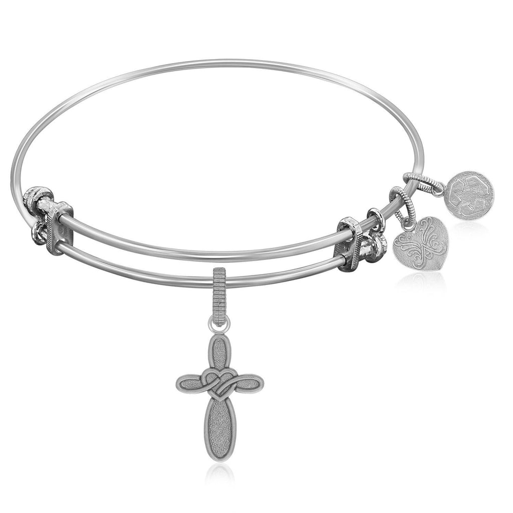 Expandable Bangle in White Tone Brass with Cross with Heart Symbol