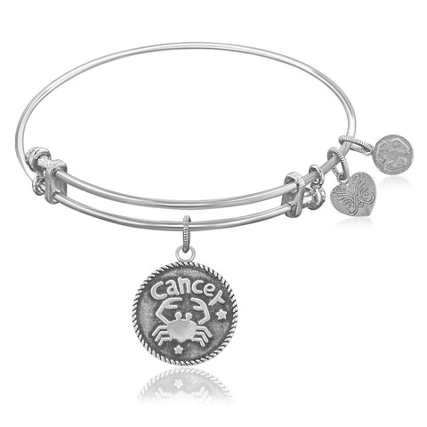 Expandable Bangle in White Tone Brass with Cancer Symbol