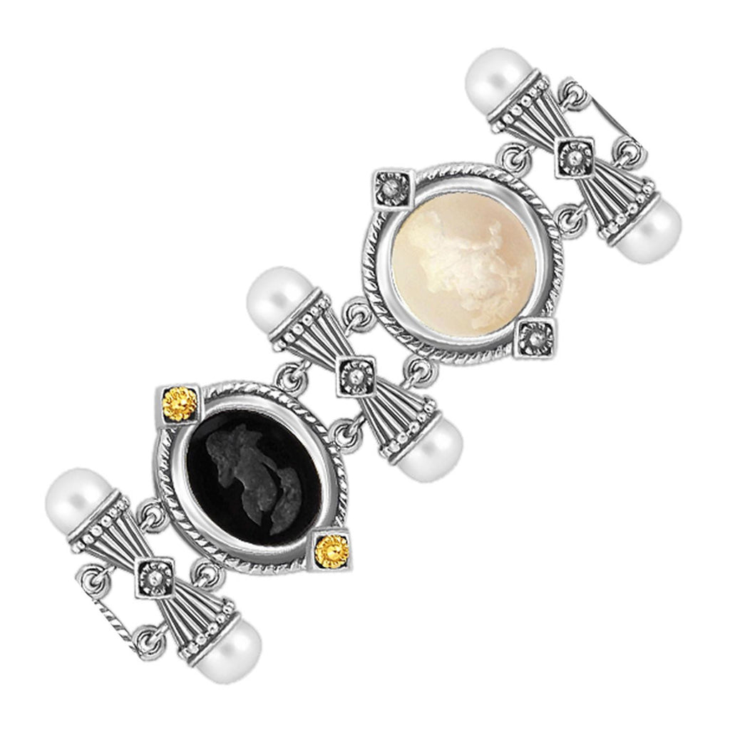 18K Yellow Gold and Sterling Silver Black and Crystal Venetian Cameo Bracelet