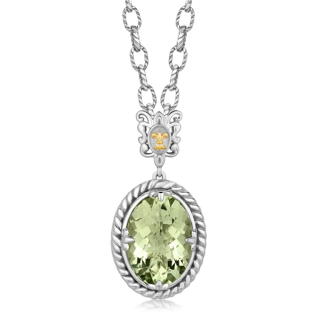 18K Yellow Gold and Sterling Silver Rhodium Plated Oval Green Amethyst Necklace