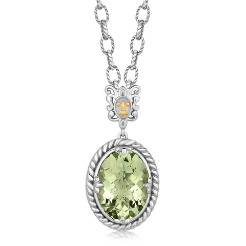 18K Yellow Gold and Sterling Silver Rhodium Plated Oval Green Amethyst Necklace