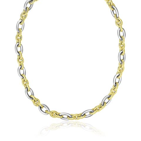 14K Two-Tone Gold Textured and Smooth Oval Chain Necklace