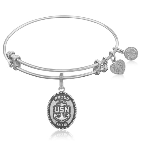 Expandable Bangle in White Tone Brass with U.S. Navy Proud Mom Symbol