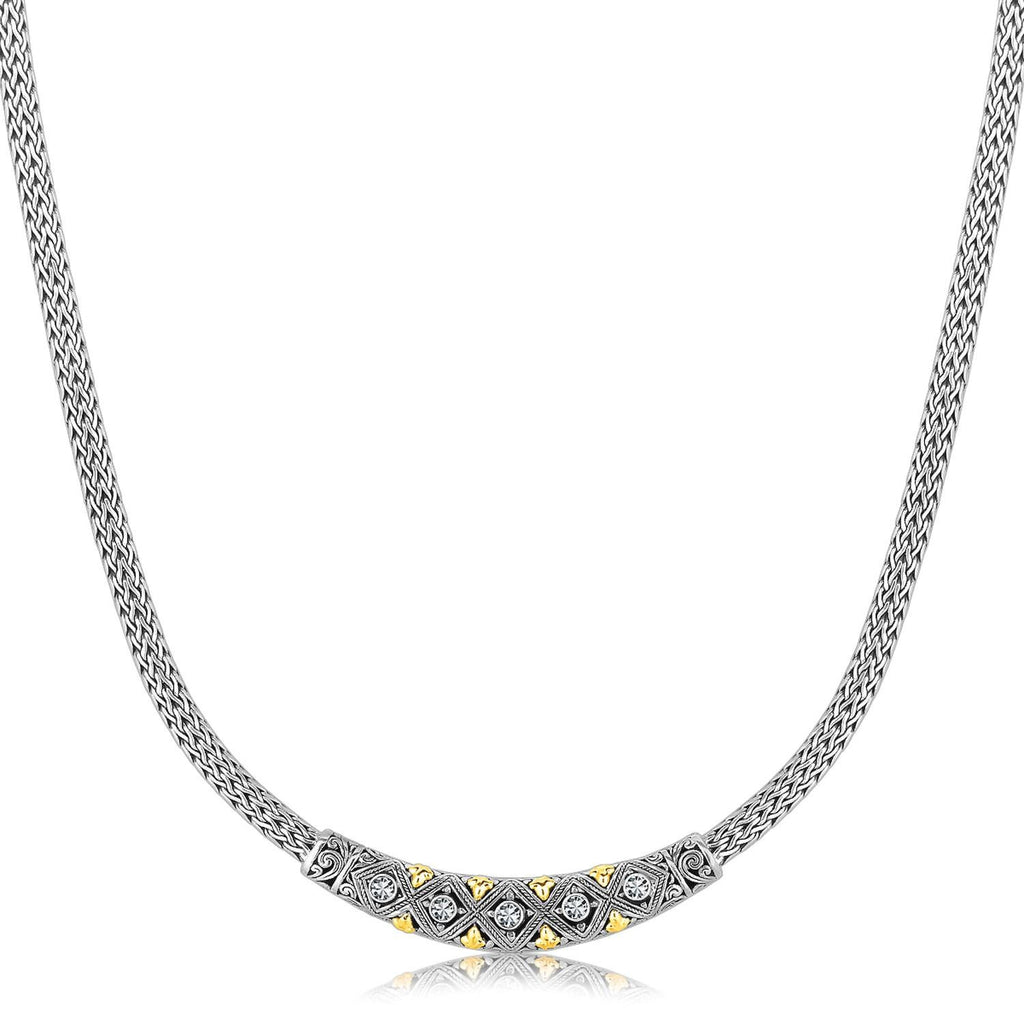 18K Yellow Gold & Rhodium Sterling Silver Baroque Curved Bar Diamond Necklace