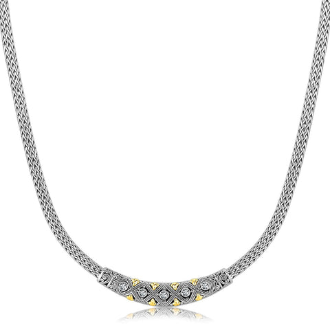 18K Yellow Gold & Rhodium Sterling Silver Baroque Curved Bar Diamond Necklace