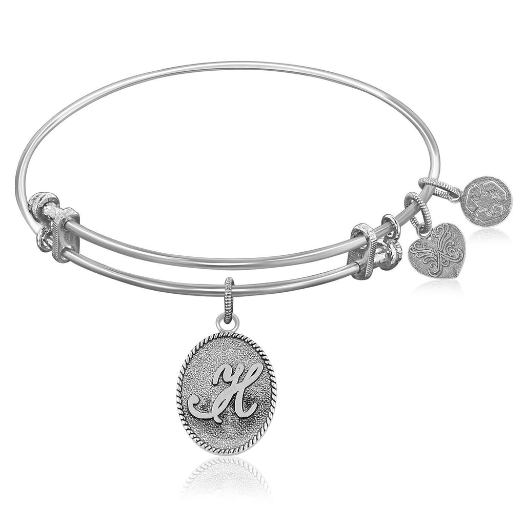 Expandable Bangle in White Tone Brass with Initial H Symbol