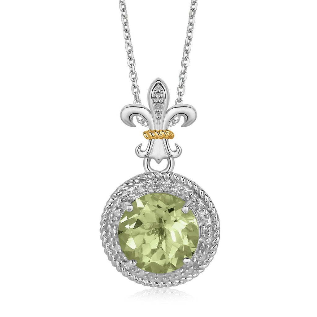 18K Yellow Gold and Sterling Silver Green Amethyst and Diamonds Pendant