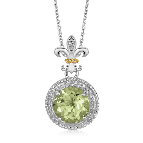 18K Yellow Gold and Sterling Silver Green Amethyst and Diamonds Pendant