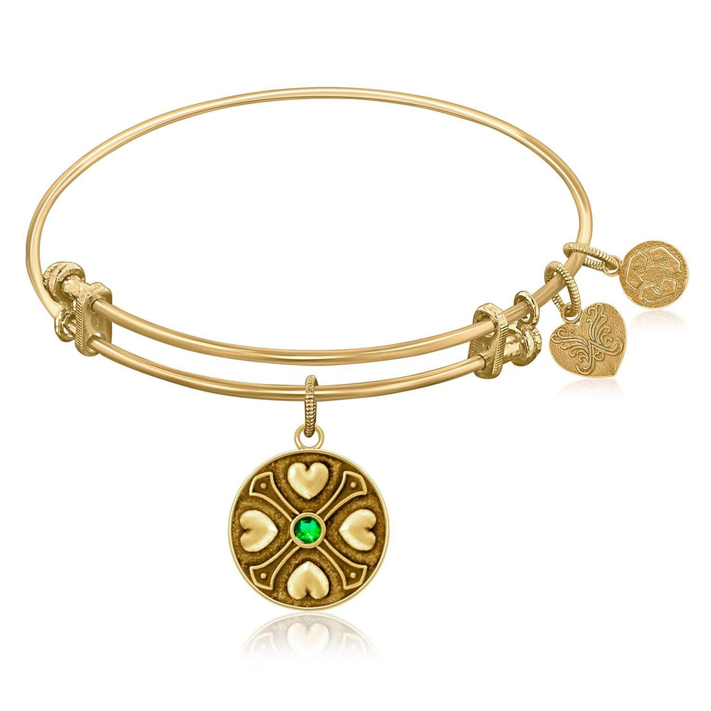 Expandable Bangle in Yellow Tone Brass with Emerald May Symbol