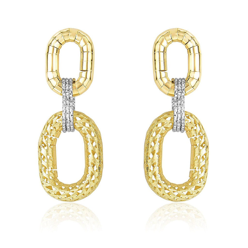 14K Two-Tone Gold Diamond Cut Texture Oval Shape Drop Earrings