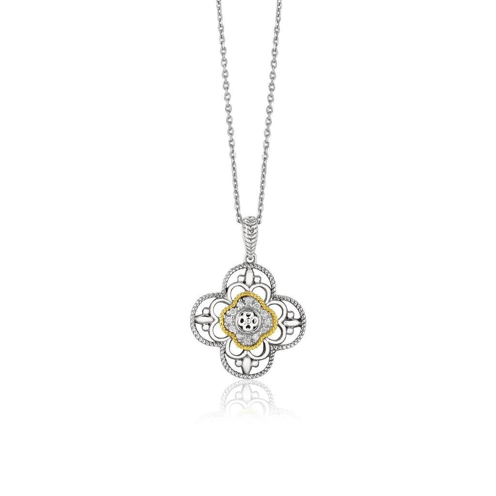 14K Yellow Gold & Sterling Silver Gothic Floral Pendant with Diamonds