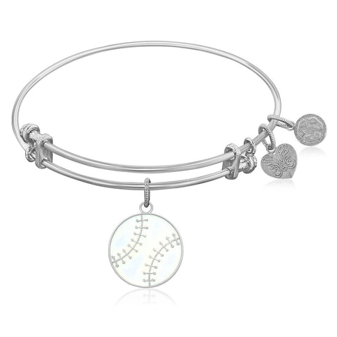 Expandable Bangle in White Tone Brass with Baseball Symbol