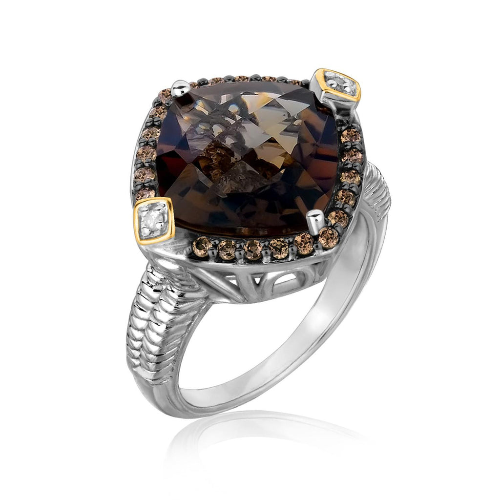 18K Yellow Gold and Sterling Silver Smokey Quartz Ring with  Coffee Diamonds